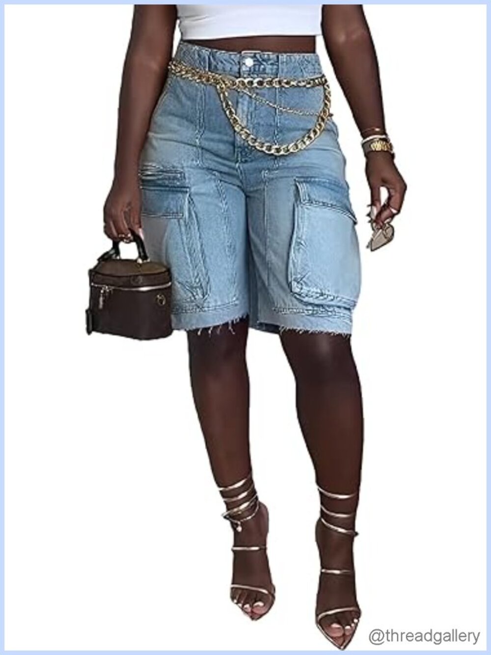 High Waisted Cargo Bermuda Jean Shorts for Women with Pockets